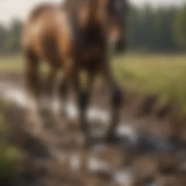 Muddy Pasture Environment and Muck Itch A horse in a muddy pasture demonstrating the environment that can lead to muck itch.