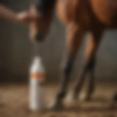 A horse owner applying a treatment spray to a horse's leg affected by muck itch.