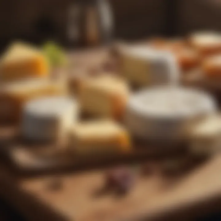 A rustic wooden board with various types of organic cheese.