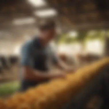 A farmer caring for cows in accordance with organic farming principles.