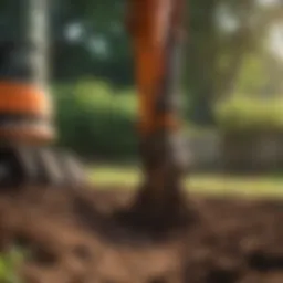 Close-up of a post hole digger in a garden setting