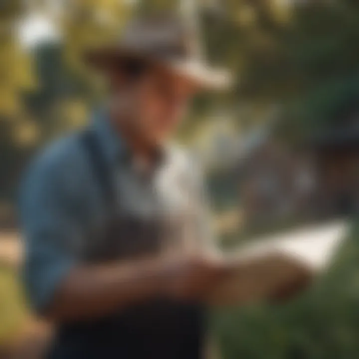 A farmer reviewing grant documents in a serene rural setting