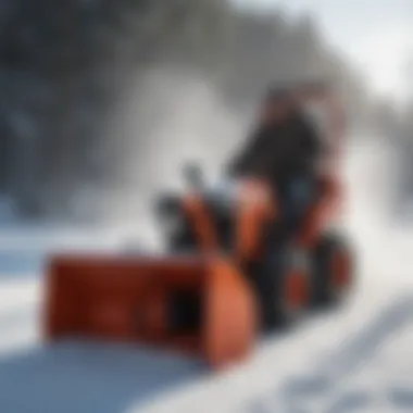 Rear mounted snow blower in action clearing snow