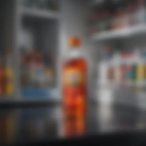 A bottle of natural sanitizer placed near a refrigerator