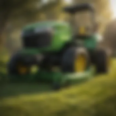 Close-up view of John Deere self-propelled mower features