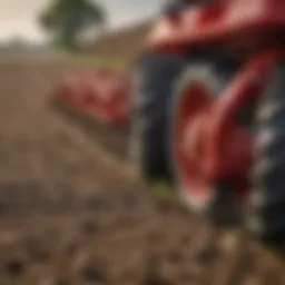 Close-up of a small PTO tiller in action on rich farmland