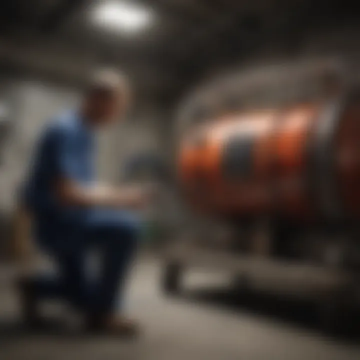 A technician performing maintenance on a space ray infrared gas heater to ensure optimal performance.