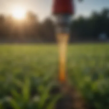 Close-up of a spray nozzle in action during field application