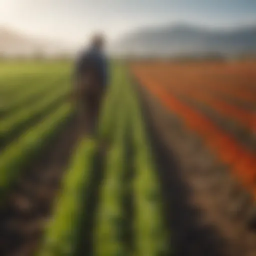 A vibrant field showcasing diverse crops tended by workers.