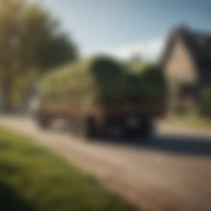 Delivery truck transporting sod rolls to a residential area