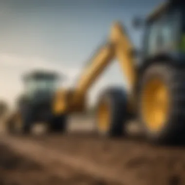 A close-up view of a John Deere backhoe showcasing its powerful hydraulic system.