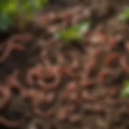 Close-up of composting worms in rich soil