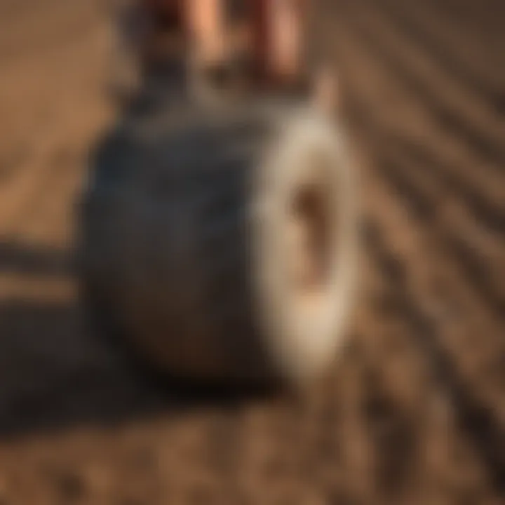 Close-up view of a small land roller on cultivated soil