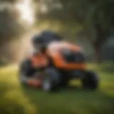 Stand-on riding lawn mower in action on a field