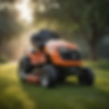 Stand-on riding lawn mower in action on a field