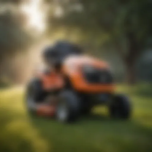 Stand-on riding lawn mower in action on a field