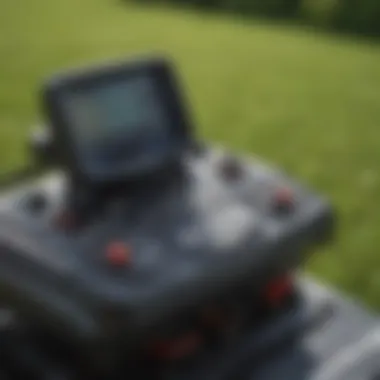 Close-up of the control panel of a stand-on riding lawn mower