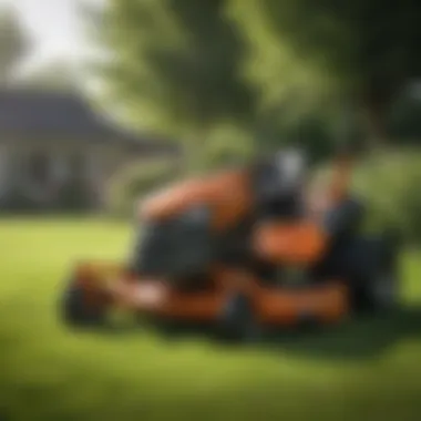 A wide lawn mower in action, efficiently cutting grass in a large garden