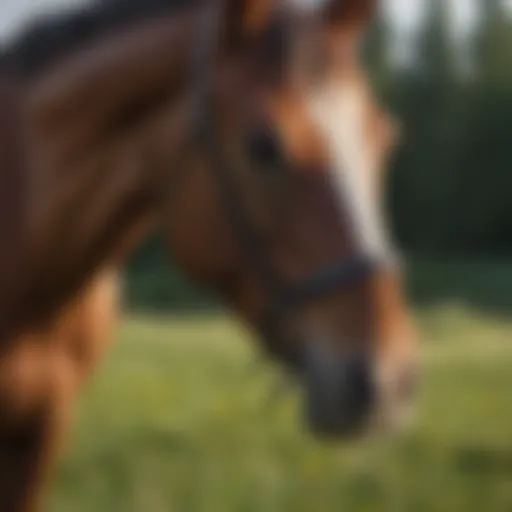 A horse in a grassy field with fly spray application