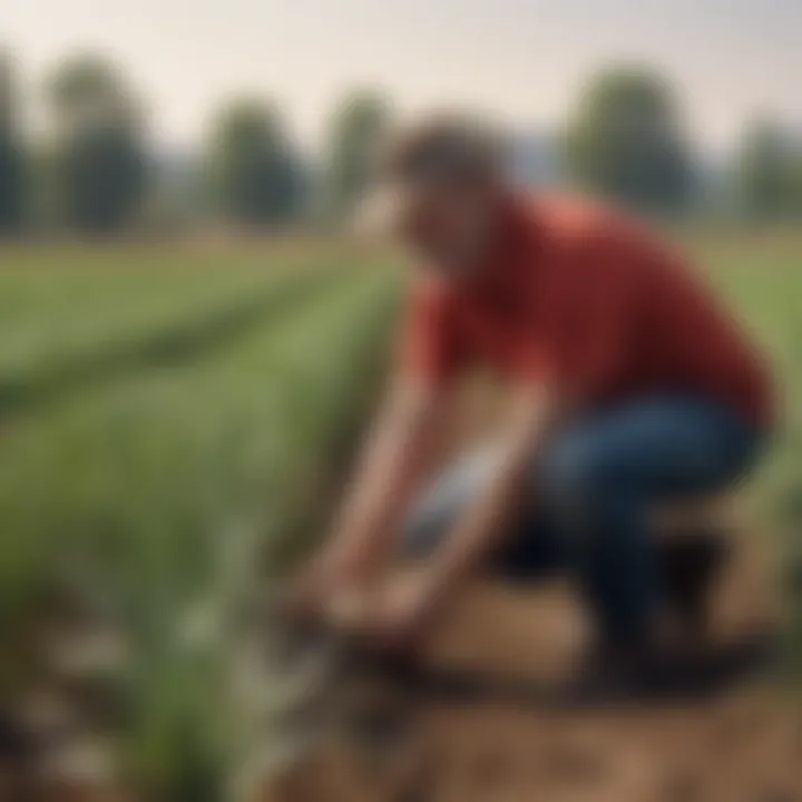 A farmer inspecting healthy Western onion plants in the field