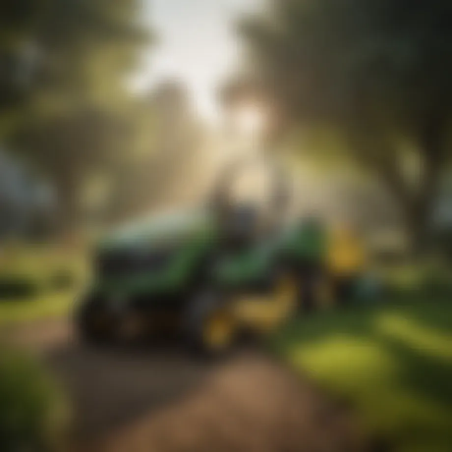 Used bagger attachment for John Deere mower in a garden setting