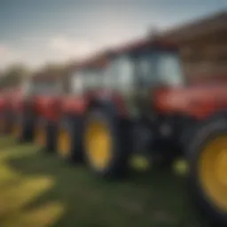 A diverse range of used farm machinery displayed at a dealer's lot in Indiana