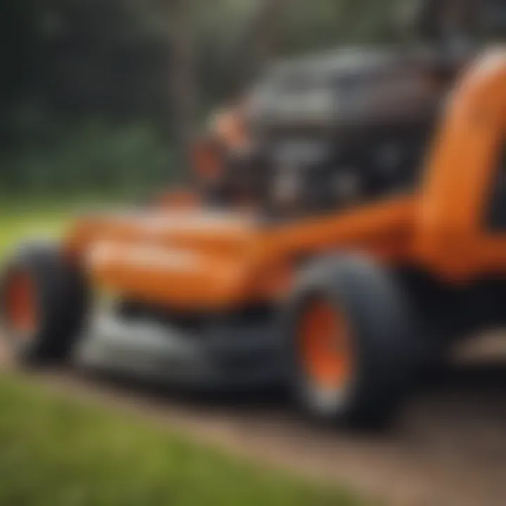 Close-up view of the cutting deck of a Husqvarna zero turn mower