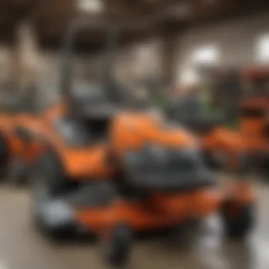 Display of various models of used Husqvarna zero turn mowers for sale