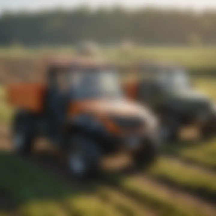 Various types of utility vehicles parked in a field