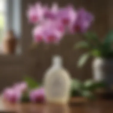 Bottle of insecticidal soap with orchids in the background