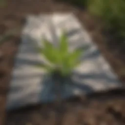 A close-up of a weed tarp stake embedded in the ground