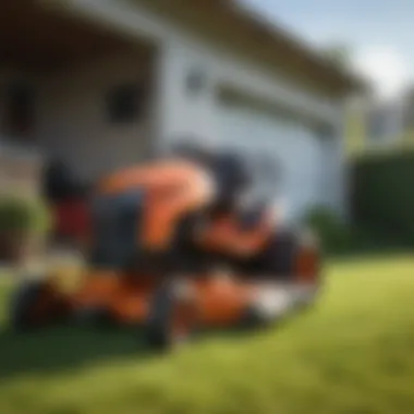 A well-maintained sit down lawn mower parked in a garage