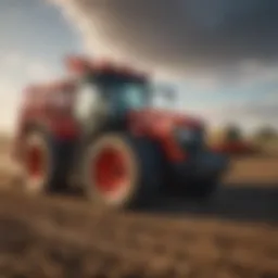 A variety of agricultural machinery lined up for rental