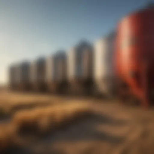 A beautifully arranged outdoor display of Woody's Grain Bins showcasing various sizes and shapes